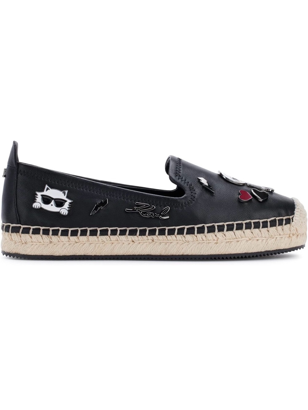 Karl Lagerfeld Black Leather Espadrille Slippers with Red Heart Accents - Picture 4 of 5